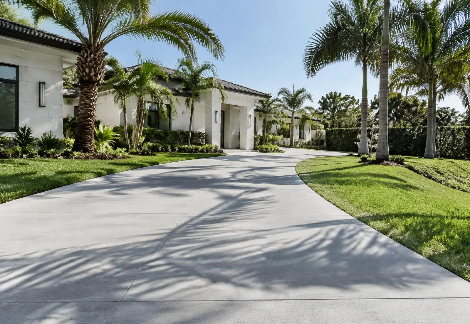Curving concrete driveway shaded by palms beside a modern Florida home