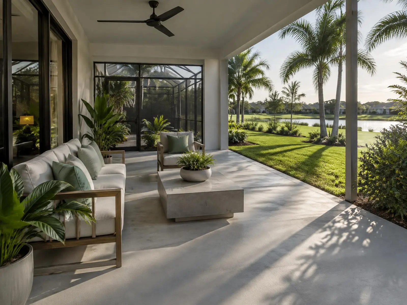 Covered concrete patio with outdoor seating overlooking a lawn and pond