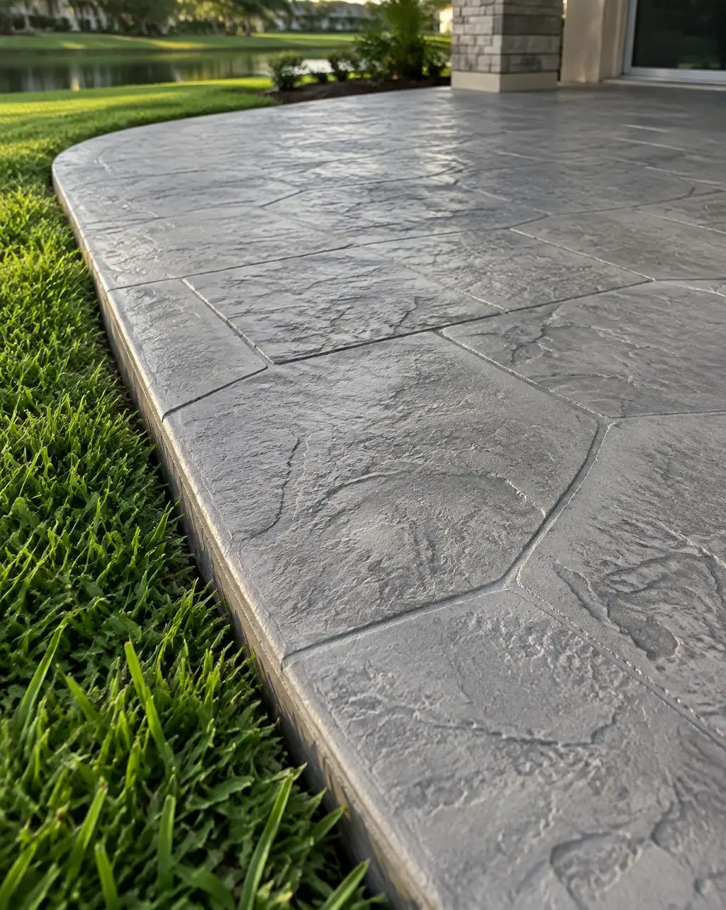 Close view of a stamped concrete patio edge with a natural stone texture beside a lawn