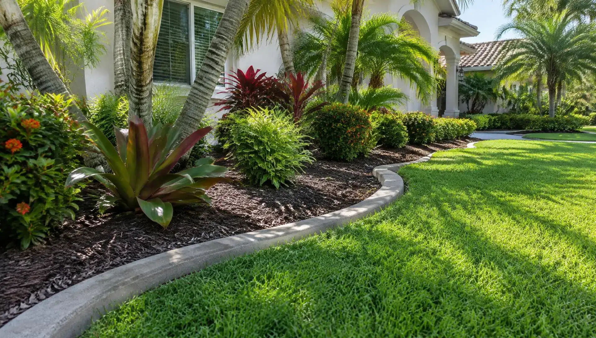 Curved concrete landscape curbing separating a green lawn from a mulched tropical planting bed